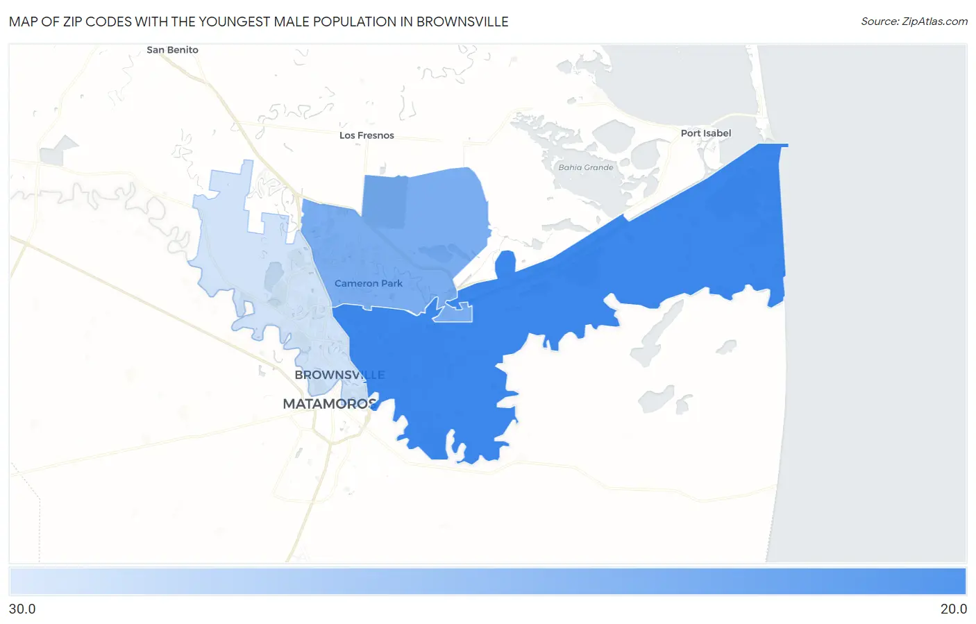 Zip Codes with the Youngest Male Population in Brownsville Map