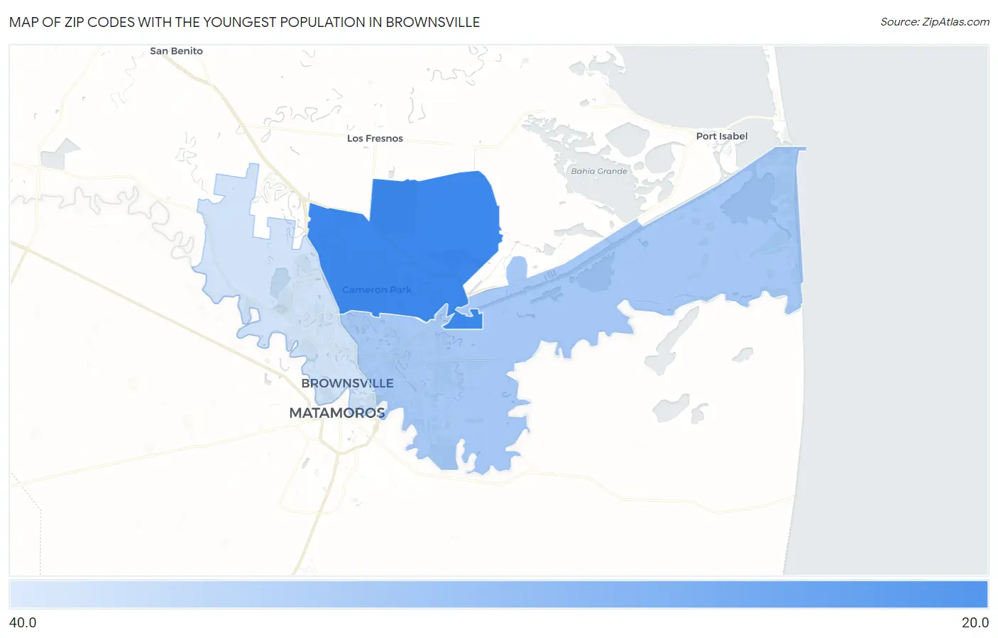Zip Codes with the Youngest Population in Brownsville Map