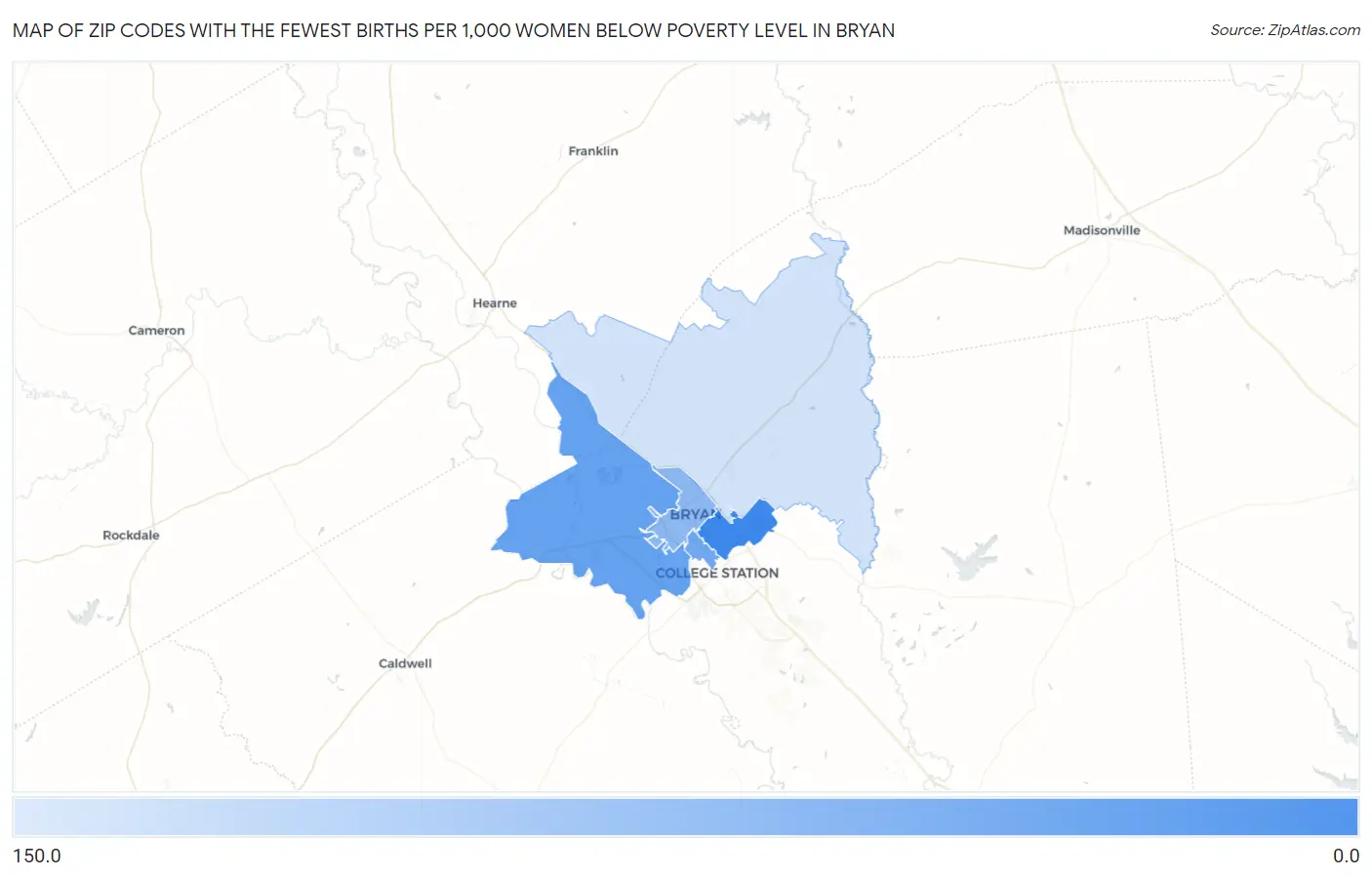 Zip Codes with the Fewest Births per 1,000 Women Below Poverty Level in Bryan Map
