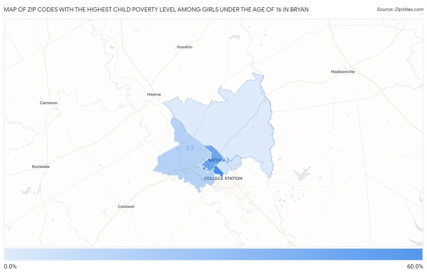 Zip Codes with the Highest Child Poverty Level Among Girls Under the Age of 16 in Bryan Map