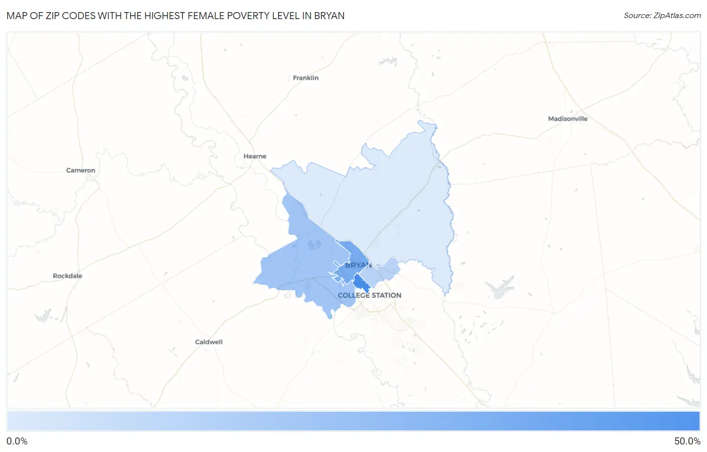 Zip Codes with the Highest Female Poverty Level in Bryan Map