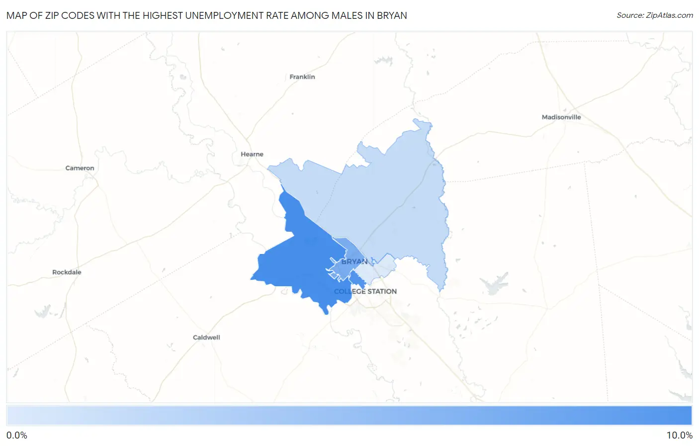 Zip Codes with the Highest Unemployment Rate Among Males in Bryan Map