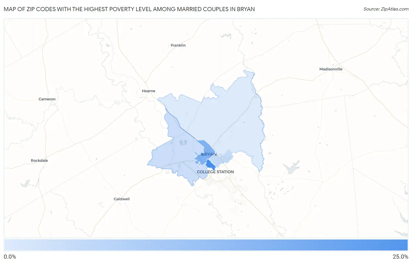 Zip Codes with the Highest Poverty Level Among Married Couples in Bryan Map