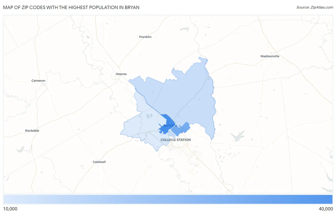 Zip Codes with the Highest Population in Bryan Map