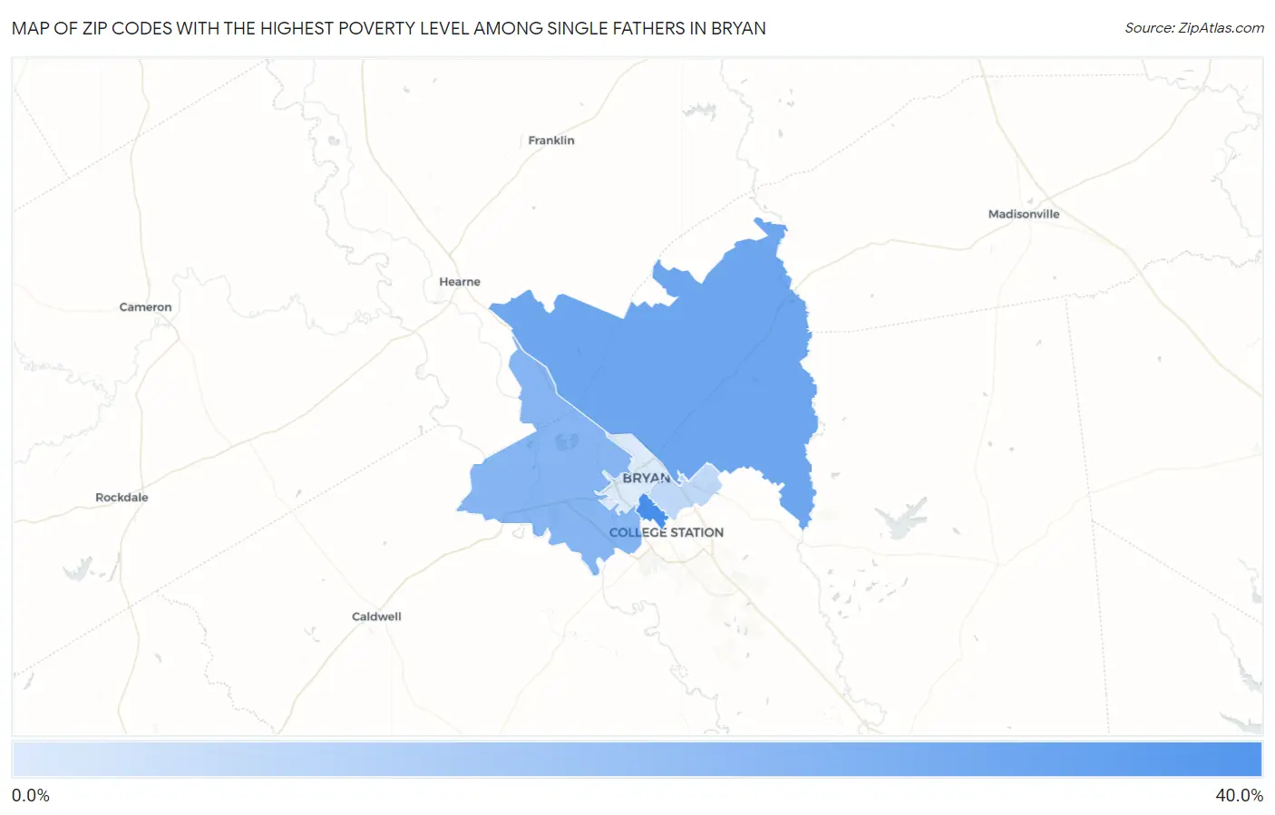 Zip Codes with the Highest Poverty Level Among Single Fathers in Bryan Map