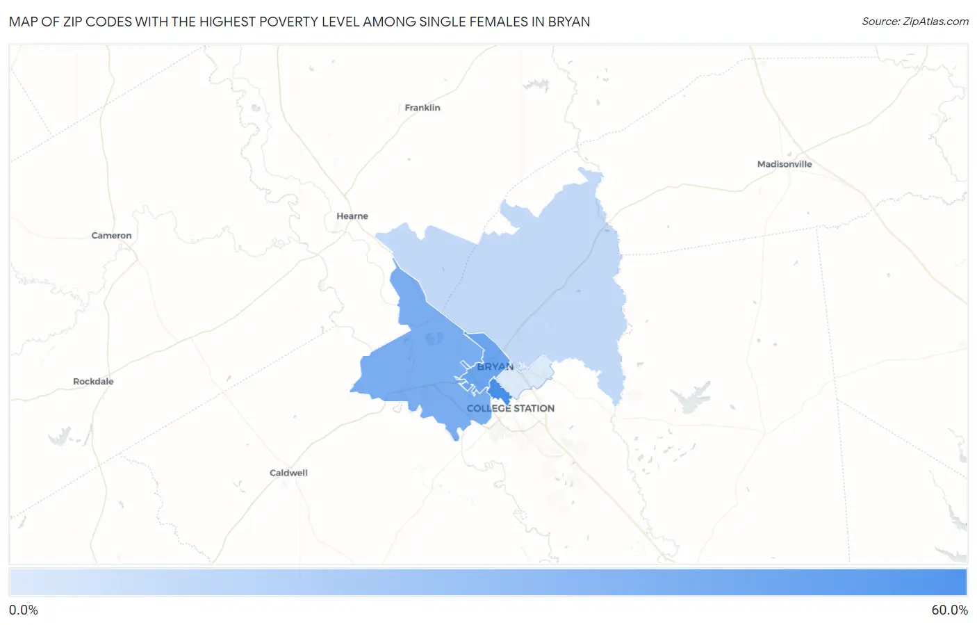 Zip Codes with the Highest Poverty Level Among Single Females in Bryan Map