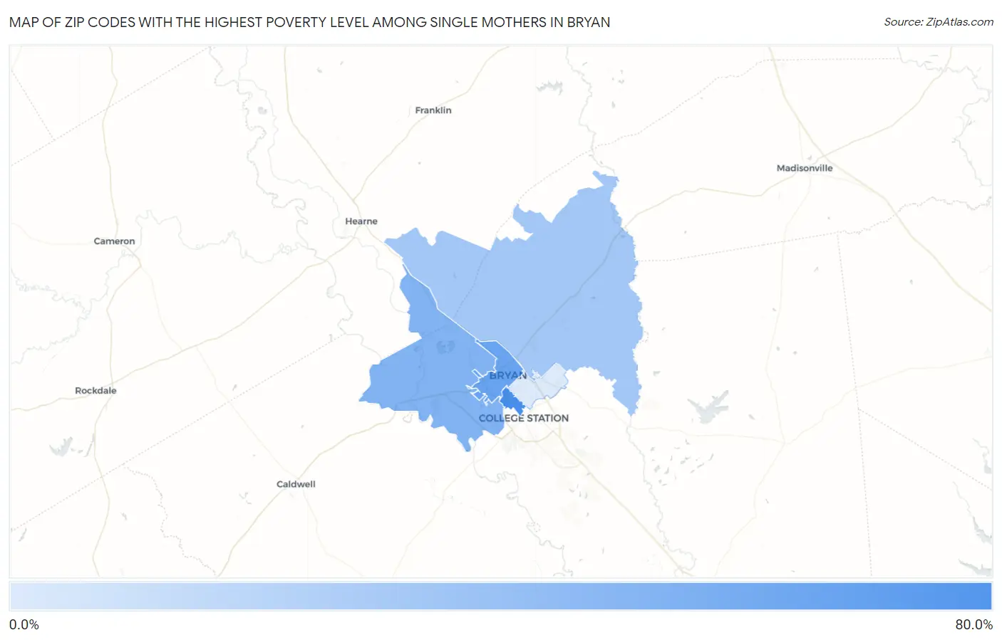 Zip Codes with the Highest Poverty Level Among Single Mothers in Bryan Map