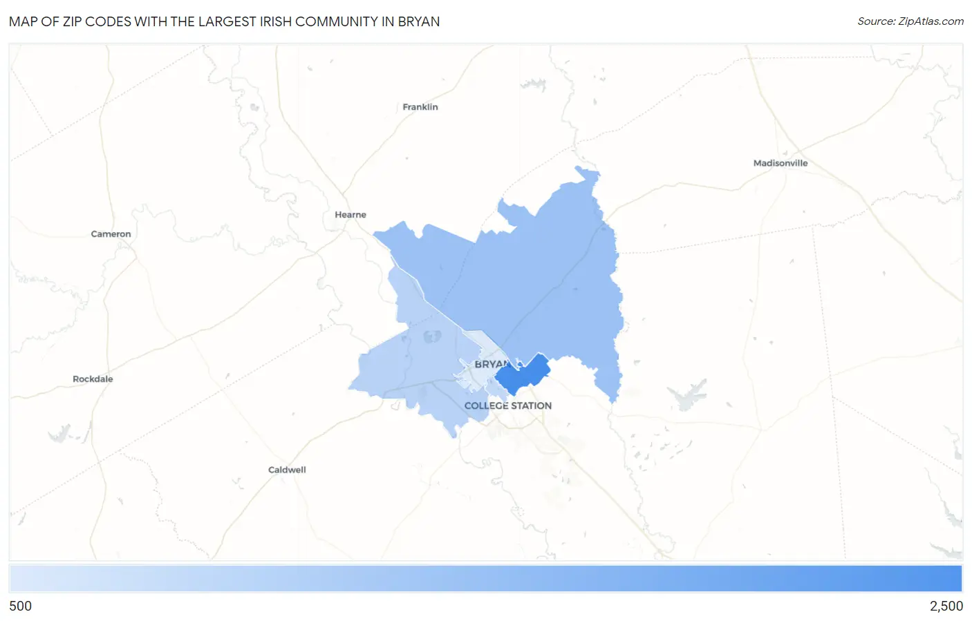 Zip Codes with the Largest Irish Community in Bryan Map