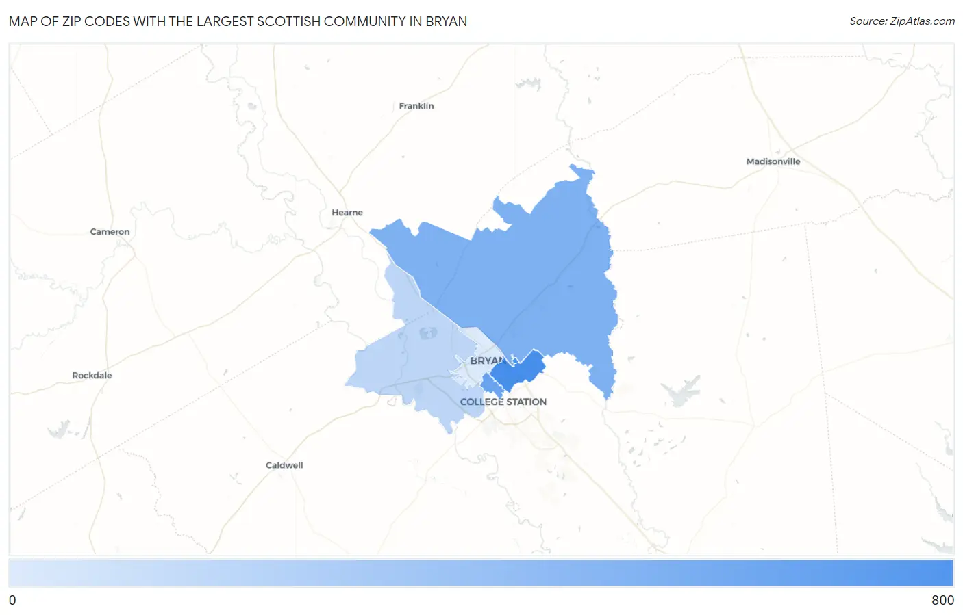 Zip Codes with the Largest Scottish Community in Bryan Map