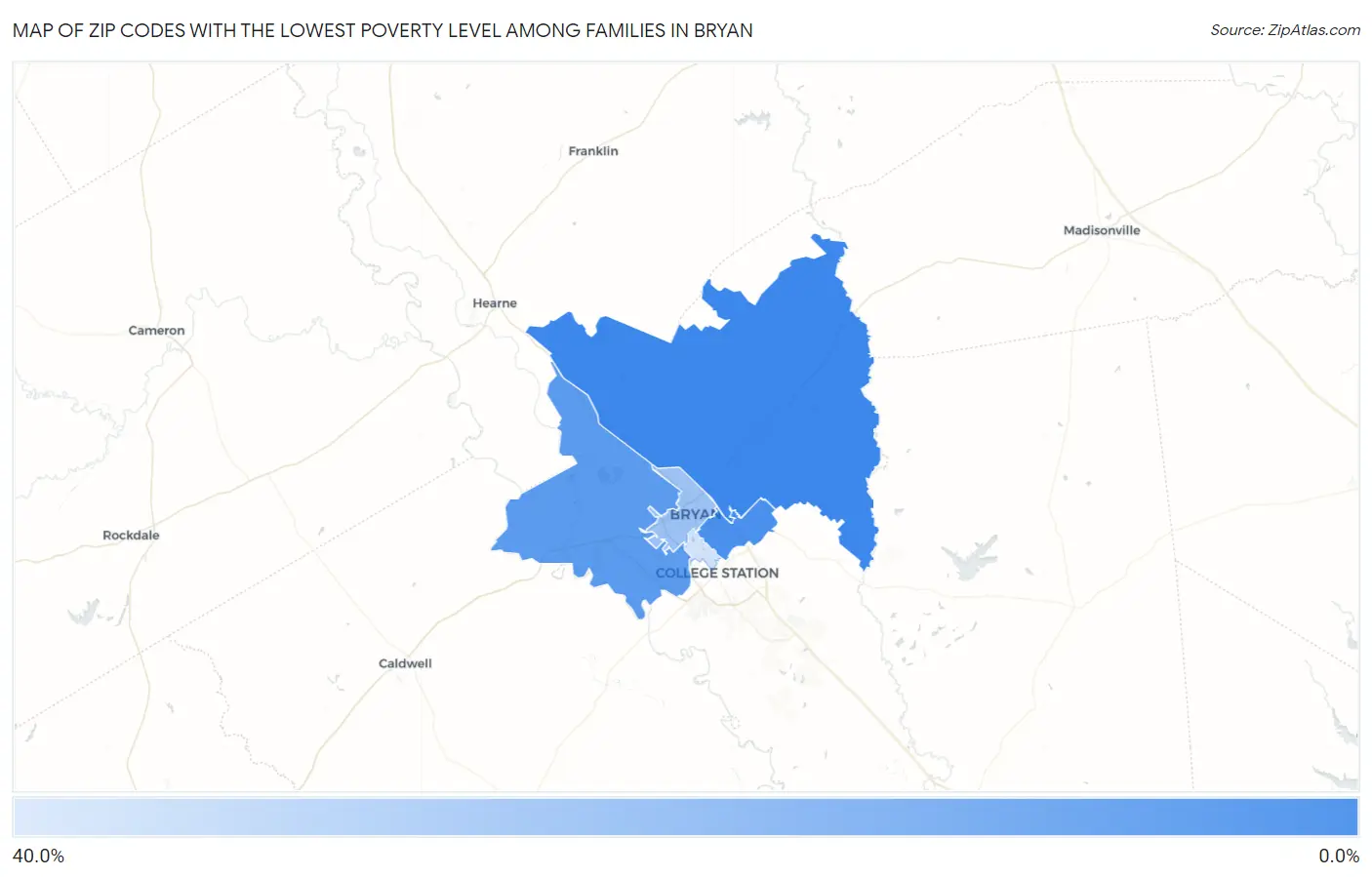 Zip Codes with the Lowest Poverty Level Among Families in Bryan Map