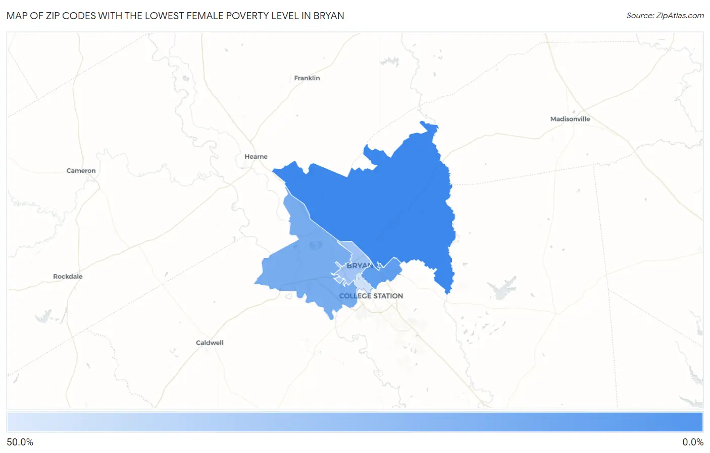 Zip Codes with the Lowest Female Poverty Level in Bryan Map