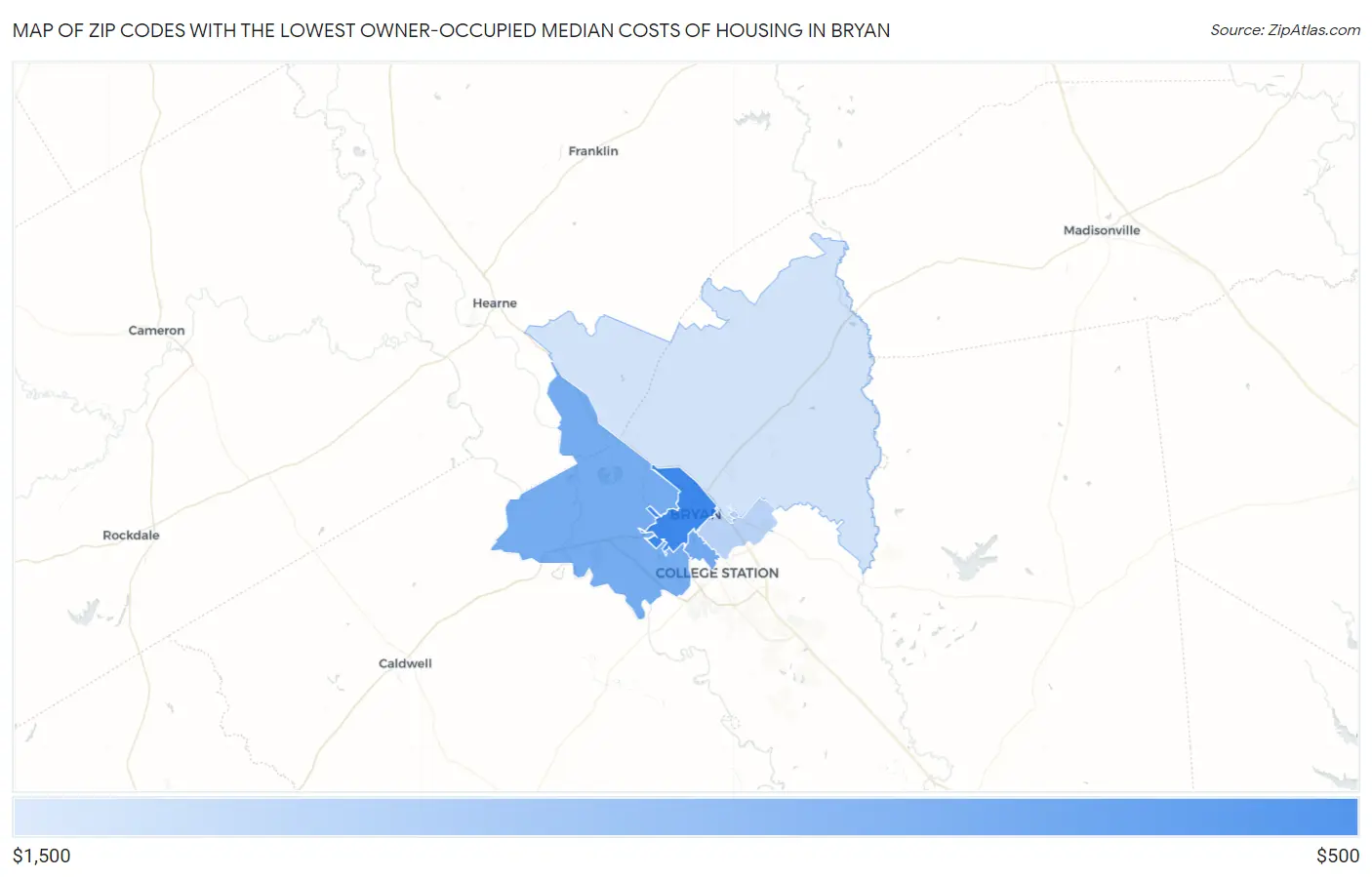 Zip Codes with the Lowest Owner-Occupied Median Costs of Housing in Bryan Map