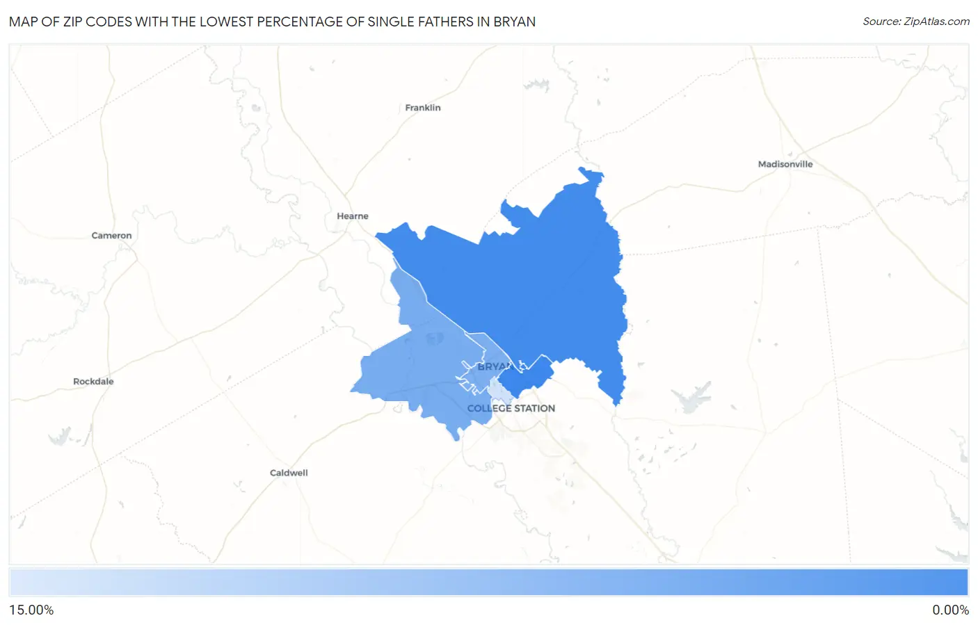 Zip Codes with the Lowest Percentage of Single Fathers in Bryan Map