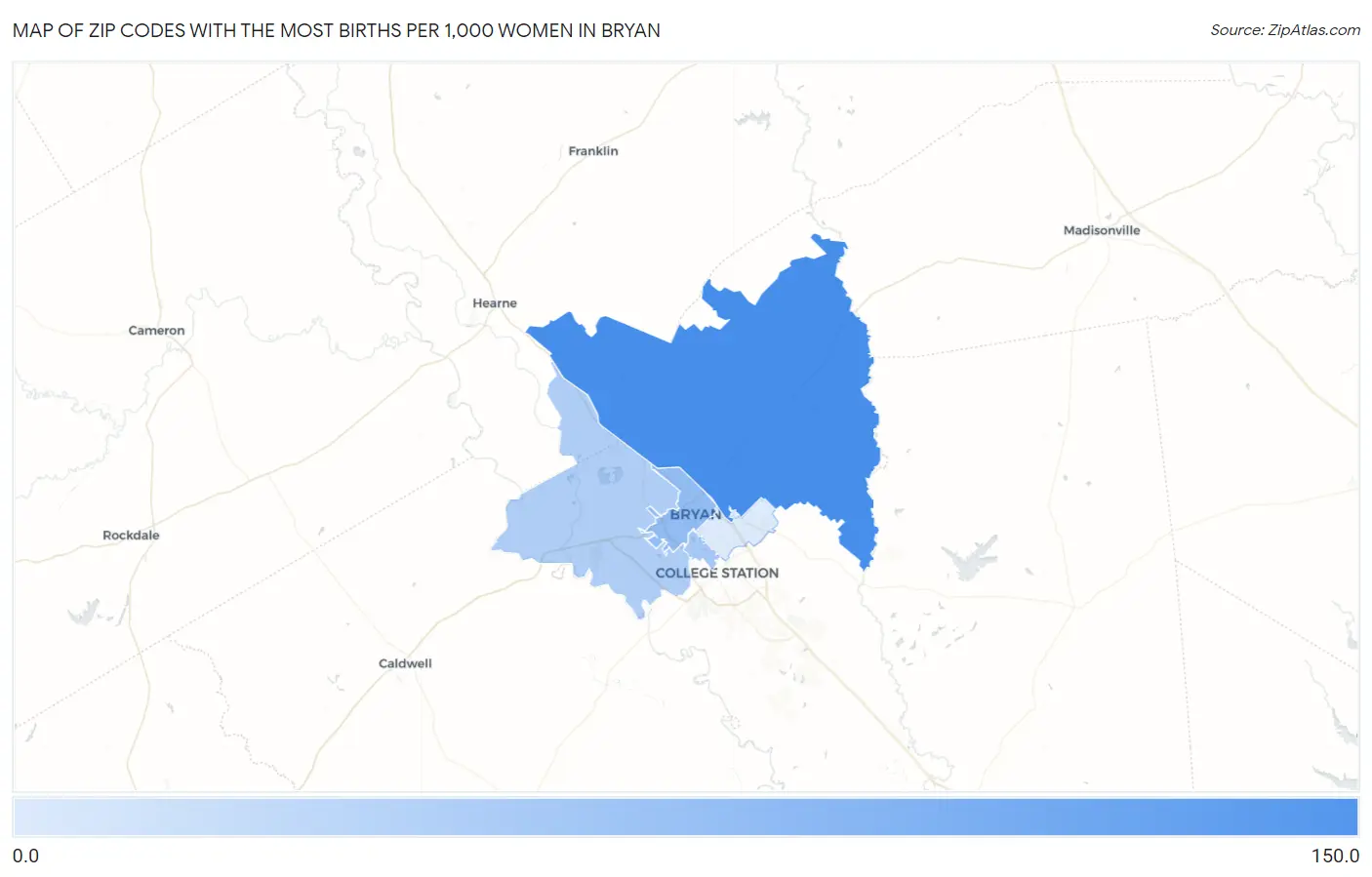Zip Codes with the Most Births per 1,000 Women in Bryan Map