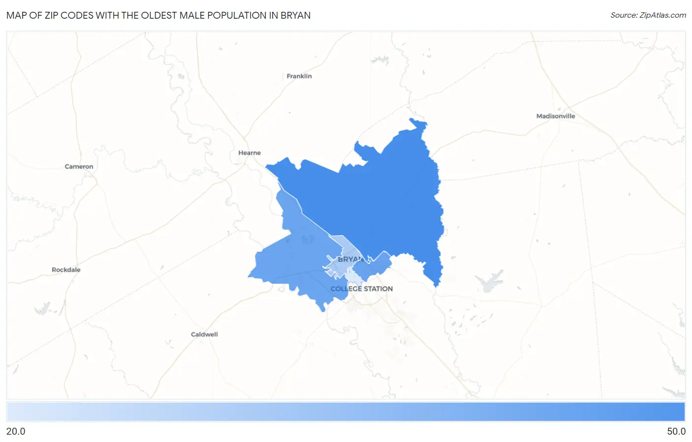 Zip Codes with the Oldest Male Population in Bryan Map