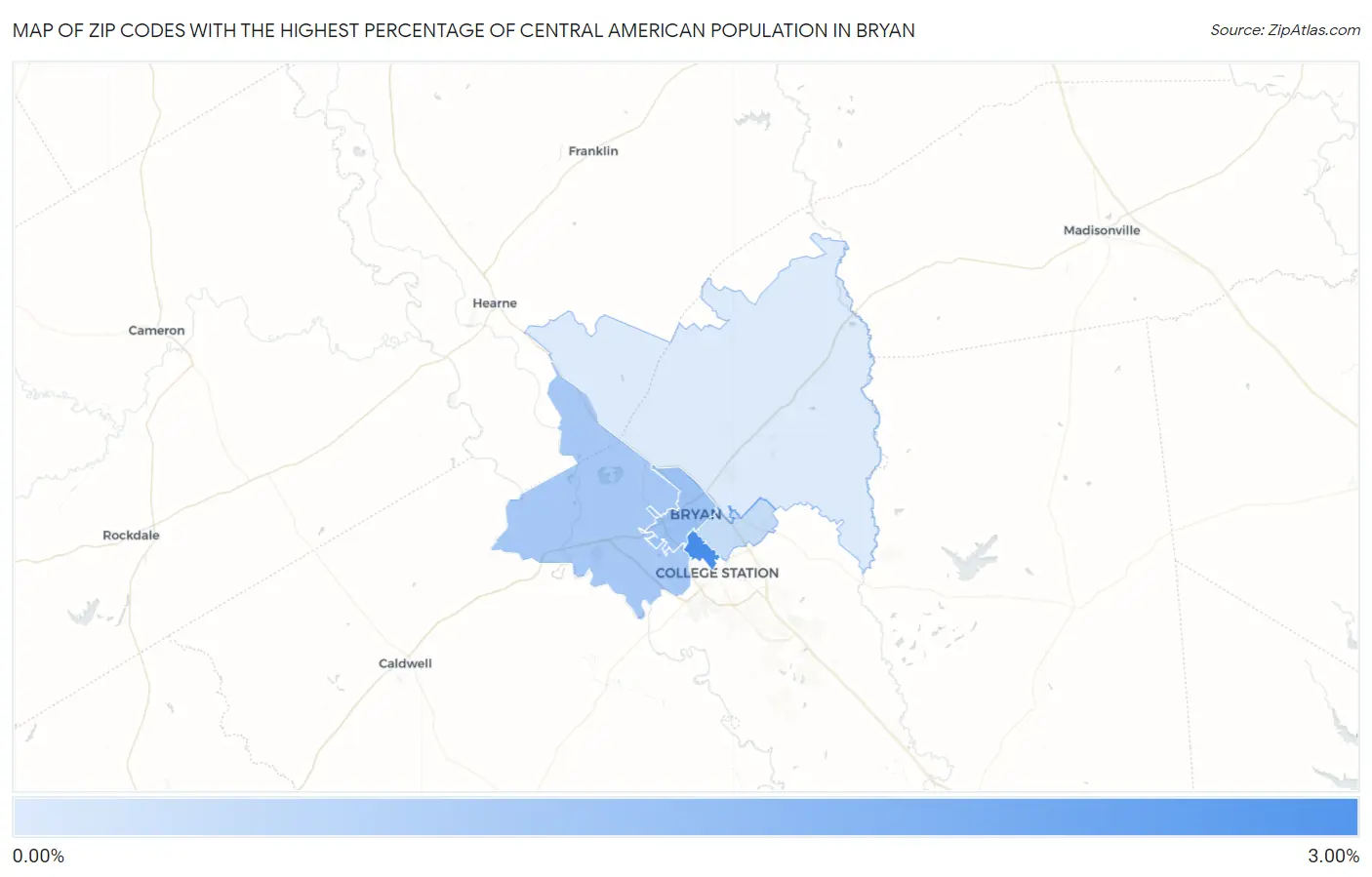 Zip Codes with the Highest Percentage of Central American Population in Bryan Map