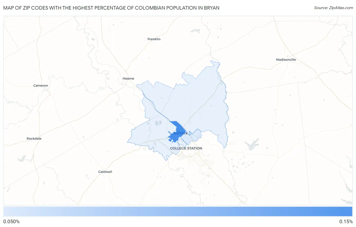 Zip Codes with the Highest Percentage of Colombian Population in Bryan Map