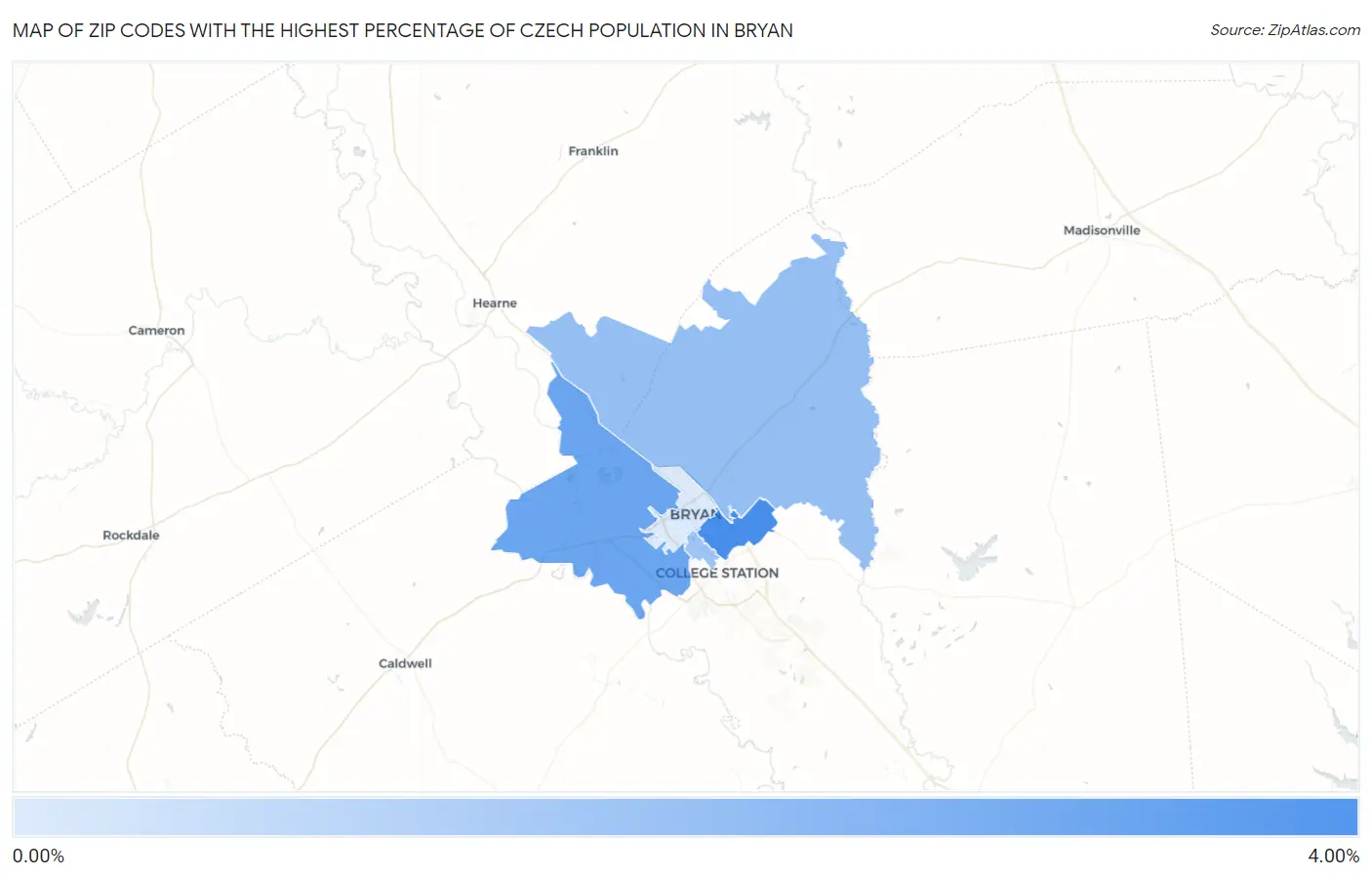 Zip Codes with the Highest Percentage of Czech Population in Bryan Map