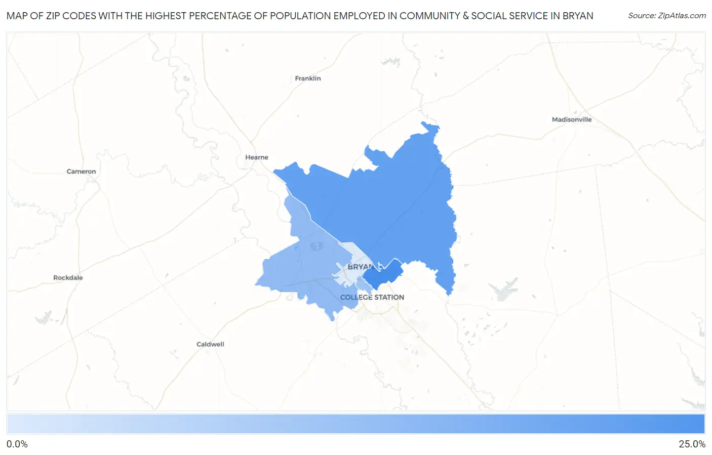 Zip Codes with the Highest Percentage of Population Employed in Community & Social Service  in Bryan Map