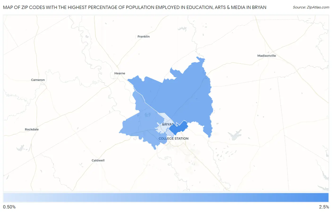 Zip Codes with the Highest Percentage of Population Employed in Education, Arts & Media in Bryan Map