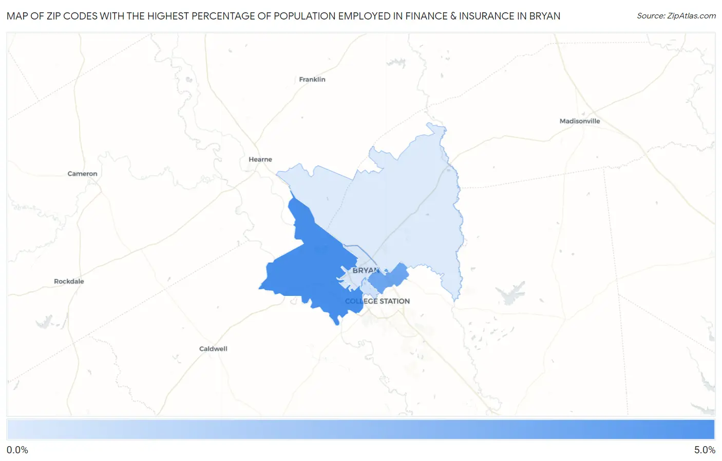 Zip Codes with the Highest Percentage of Population Employed in Finance & Insurance in Bryan Map