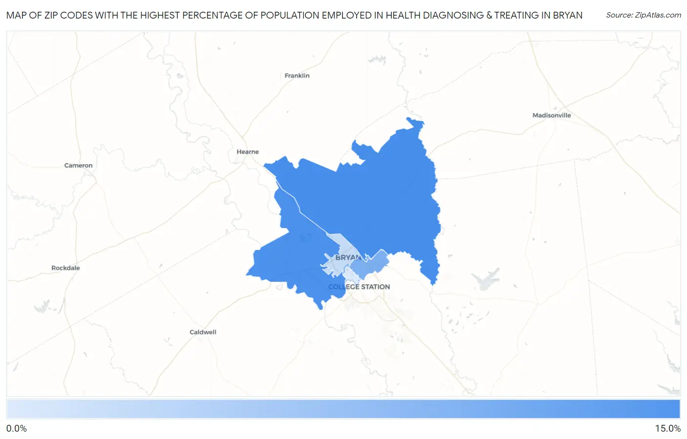 Zip Codes with the Highest Percentage of Population Employed in Health Diagnosing & Treating in Bryan Map