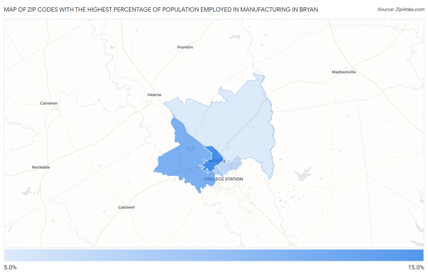 Zip Codes with the Highest Percentage of Population Employed in Manufacturing in Bryan Map