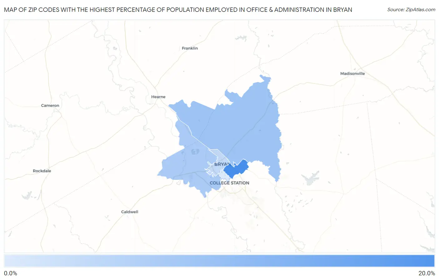 Zip Codes with the Highest Percentage of Population Employed in Office & Administration in Bryan Map