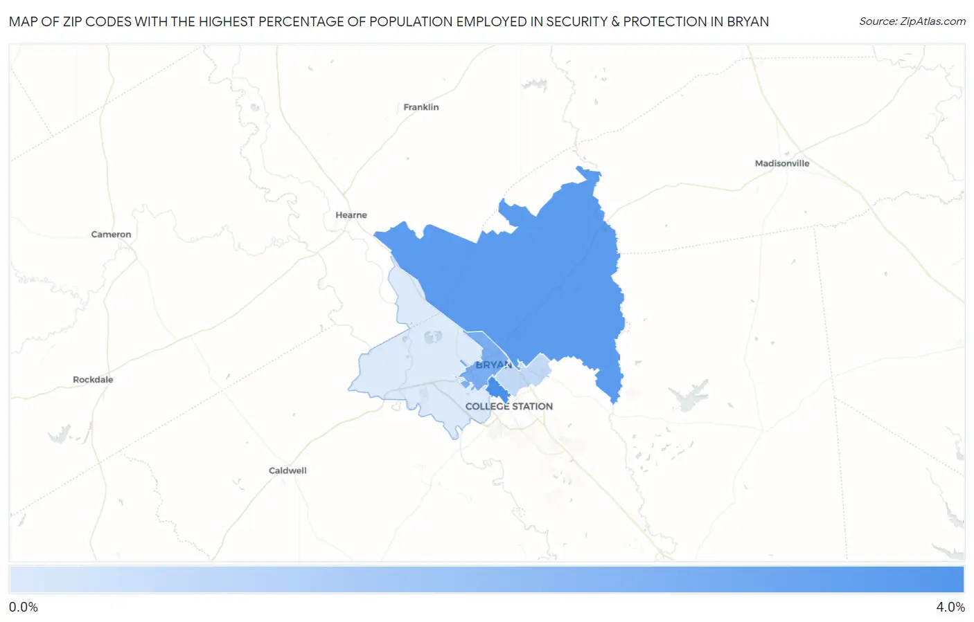 Zip Codes with the Highest Percentage of Population Employed in Security & Protection in Bryan Map