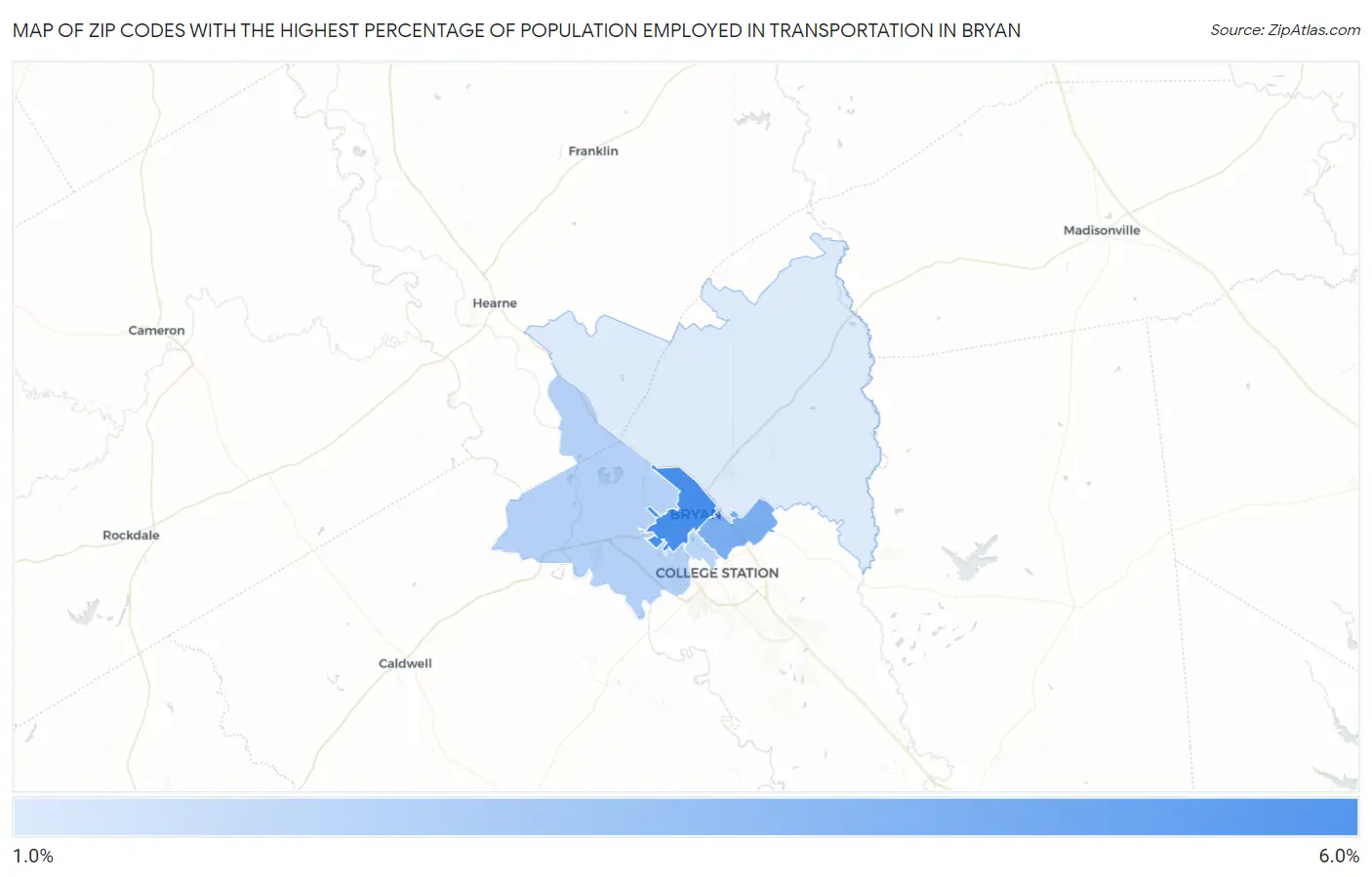 Zip Codes with the Highest Percentage of Population Employed in Transportation in Bryan Map