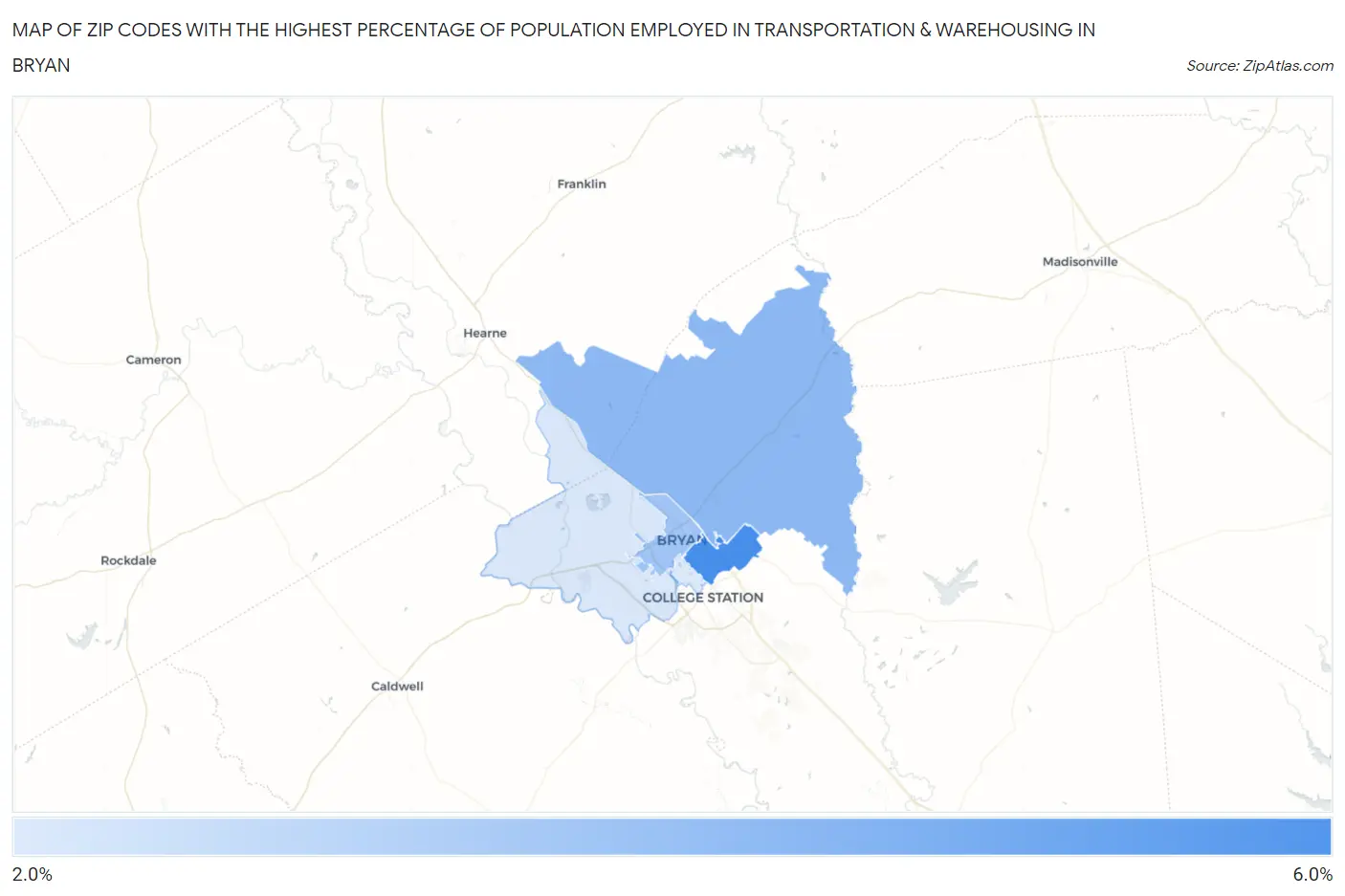 Zip Codes with the Highest Percentage of Population Employed in Transportation & Warehousing in Bryan Map