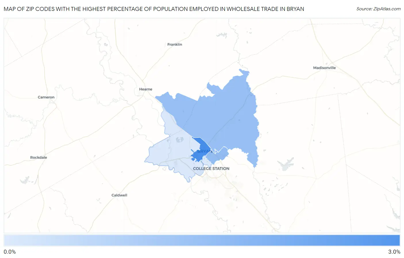 Zip Codes with the Highest Percentage of Population Employed in Wholesale Trade in Bryan Map