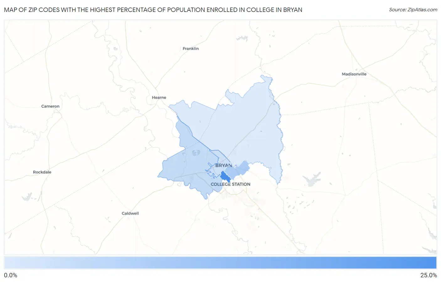 Zip Codes with the Highest Percentage of Population Enrolled in College in Bryan Map