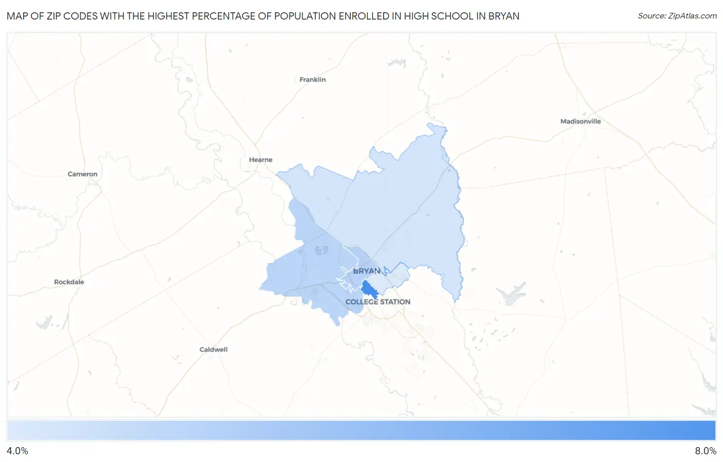 Zip Codes with the Highest Percentage of Population Enrolled in High School in Bryan Map