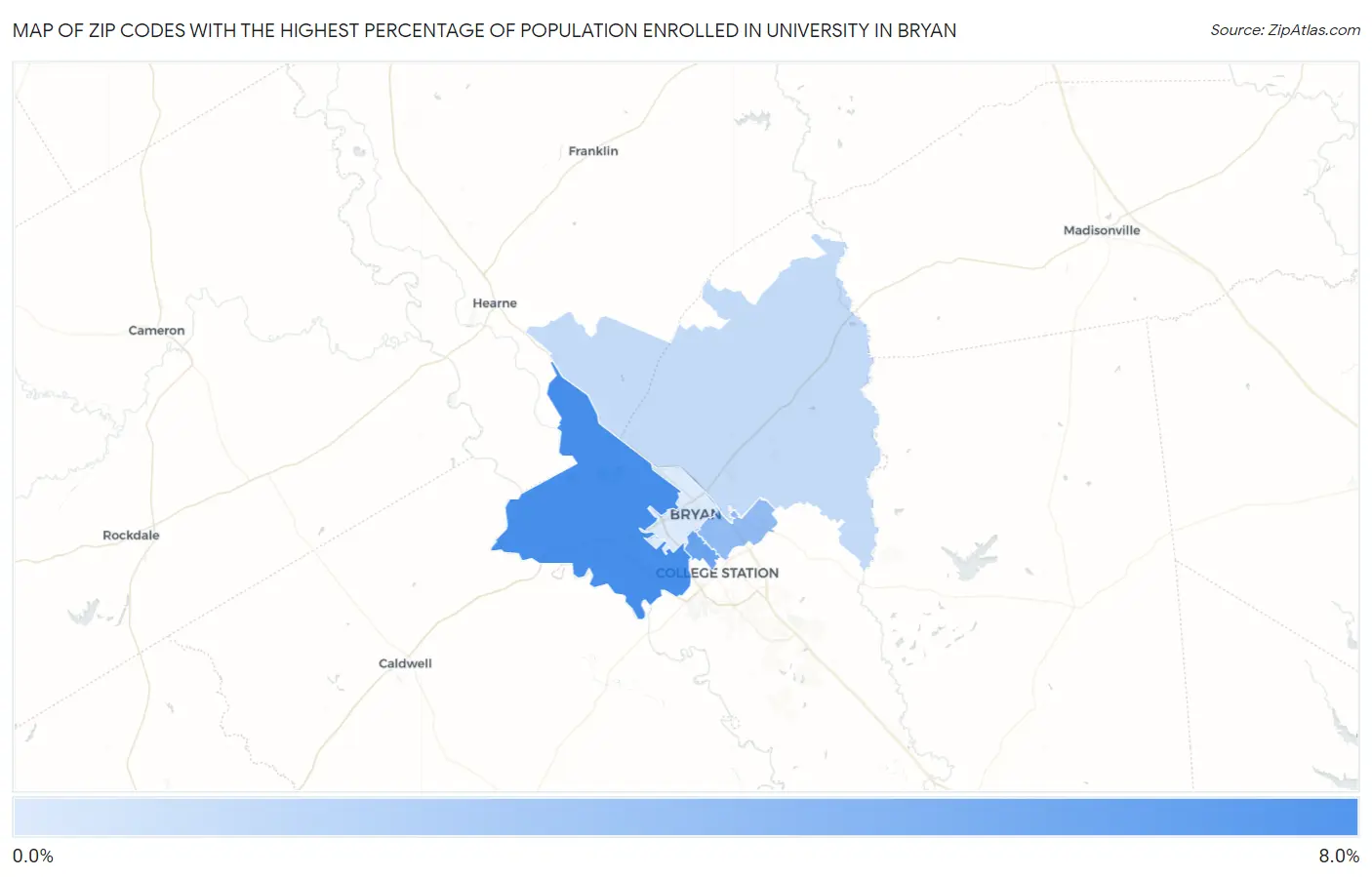 Zip Codes with the Highest Percentage of Population Enrolled in University in Bryan Map