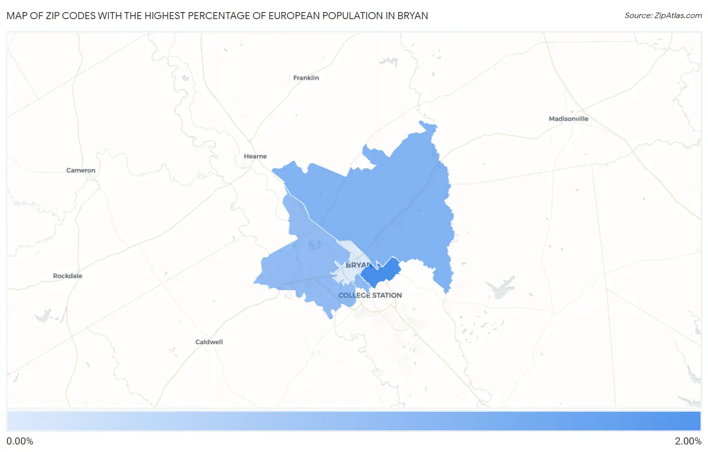 Zip Codes with the Highest Percentage of European Population in Bryan Map