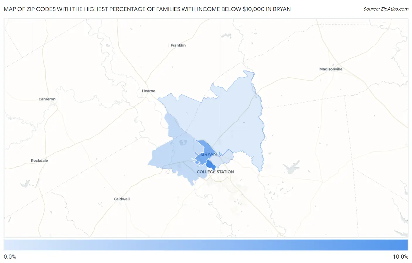 Zip Codes with the Highest Percentage of Families with Income Below $10,000 in Bryan Map
