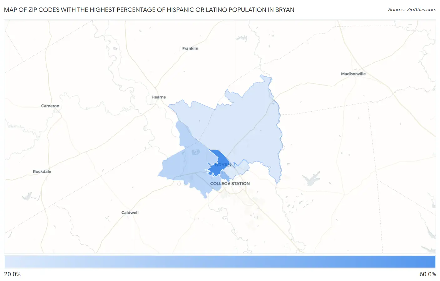 Zip Codes with the Highest Percentage of Hispanic or Latino Population in Bryan Map