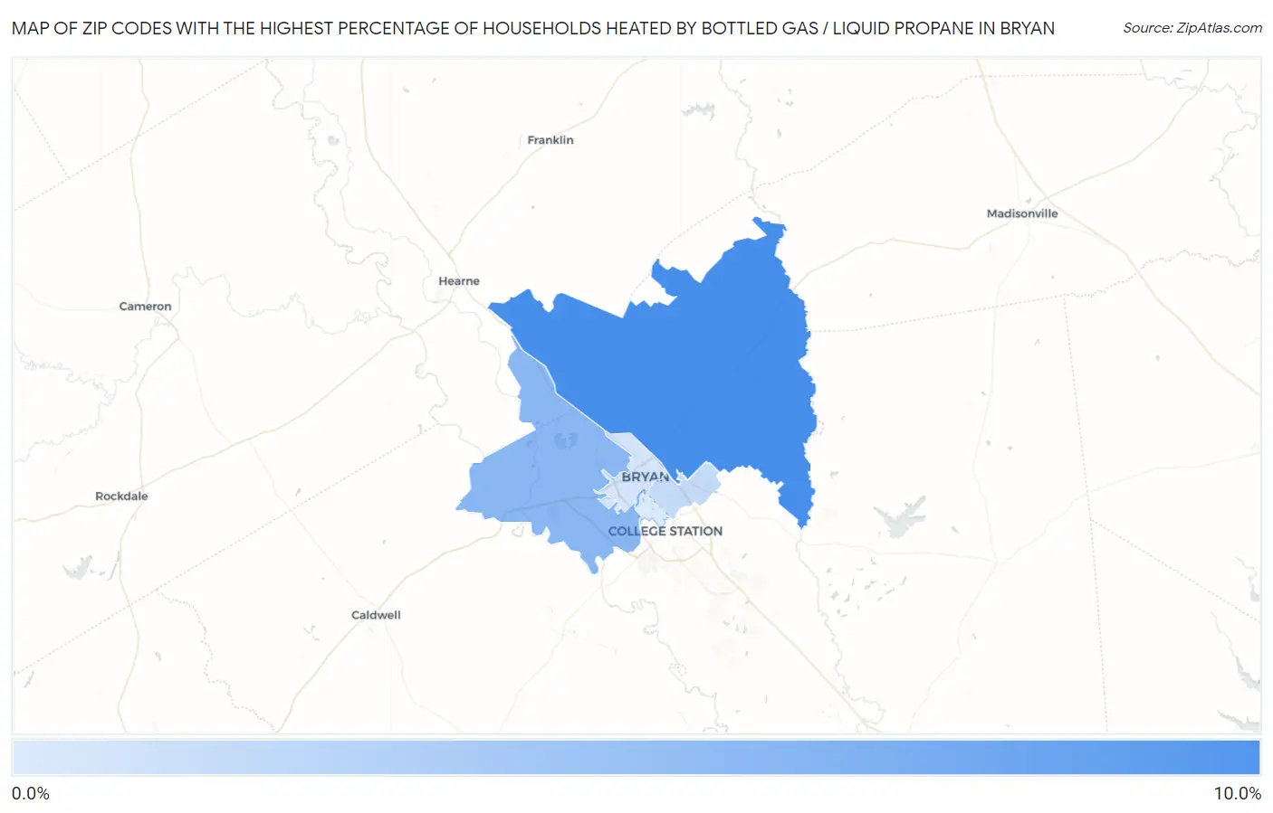 Zip Codes with the Highest Percentage of Households Heated by Bottled Gas / Liquid Propane in Bryan Map