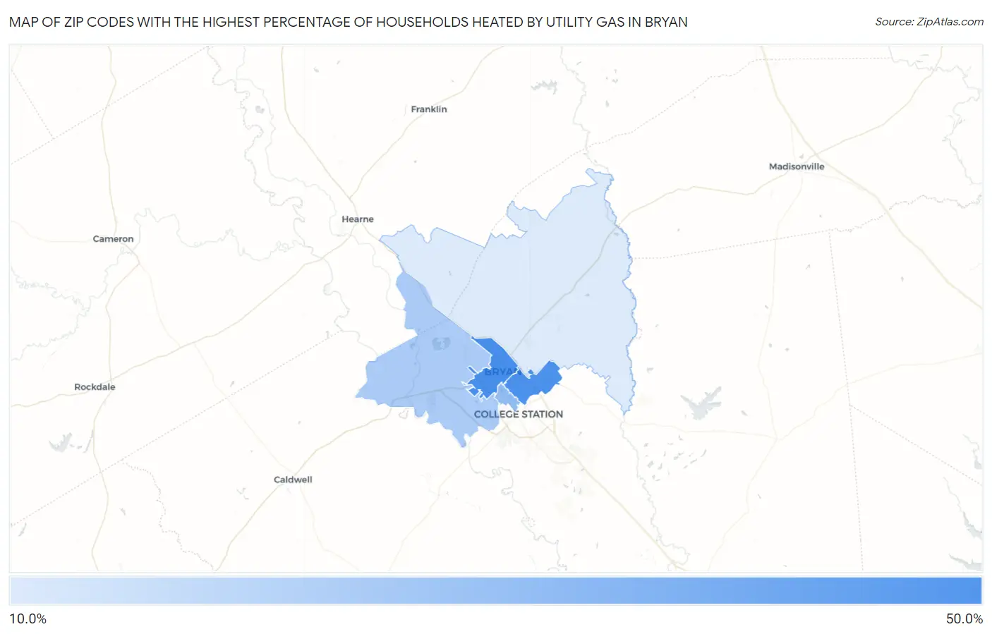Zip Codes with the Highest Percentage of Households Heated by Utility Gas in Bryan Map