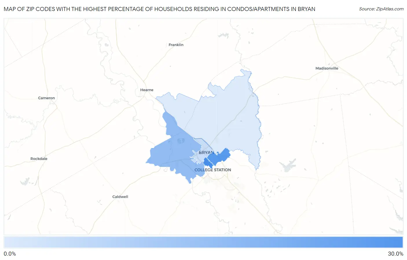 Zip Codes with the Highest Percentage of Households Residing in Condos/Apartments in Bryan Map