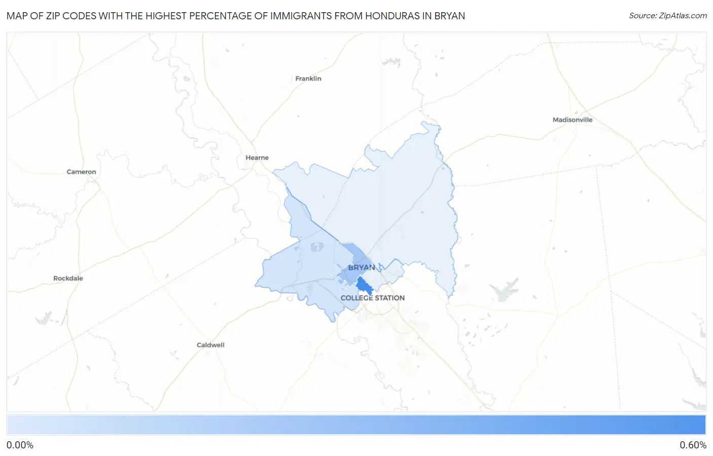 Zip Codes with the Highest Percentage of Immigrants from Honduras in Bryan Map