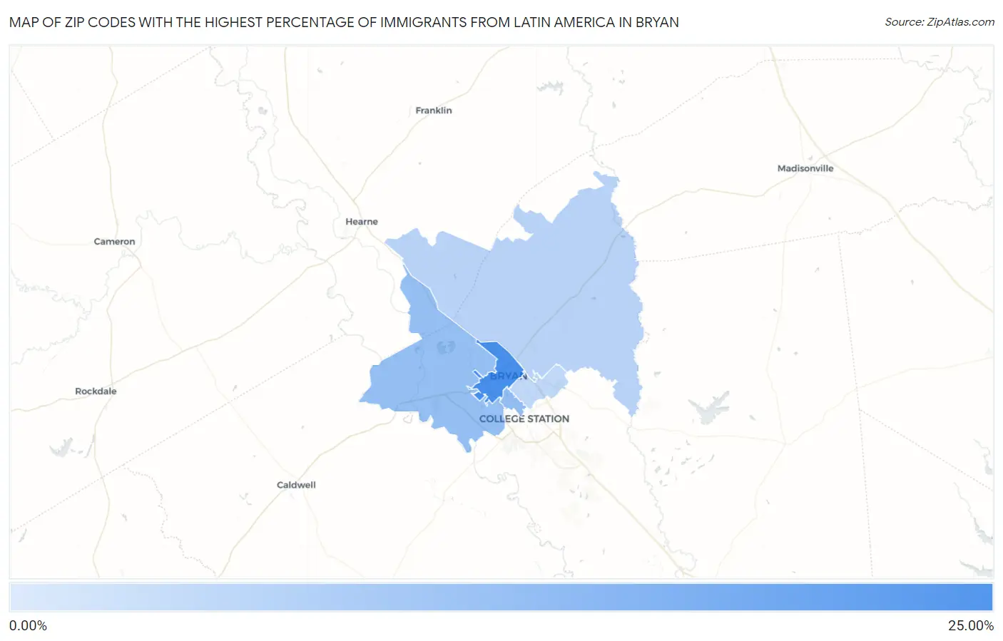 Zip Codes with the Highest Percentage of Immigrants from Latin America in Bryan Map
