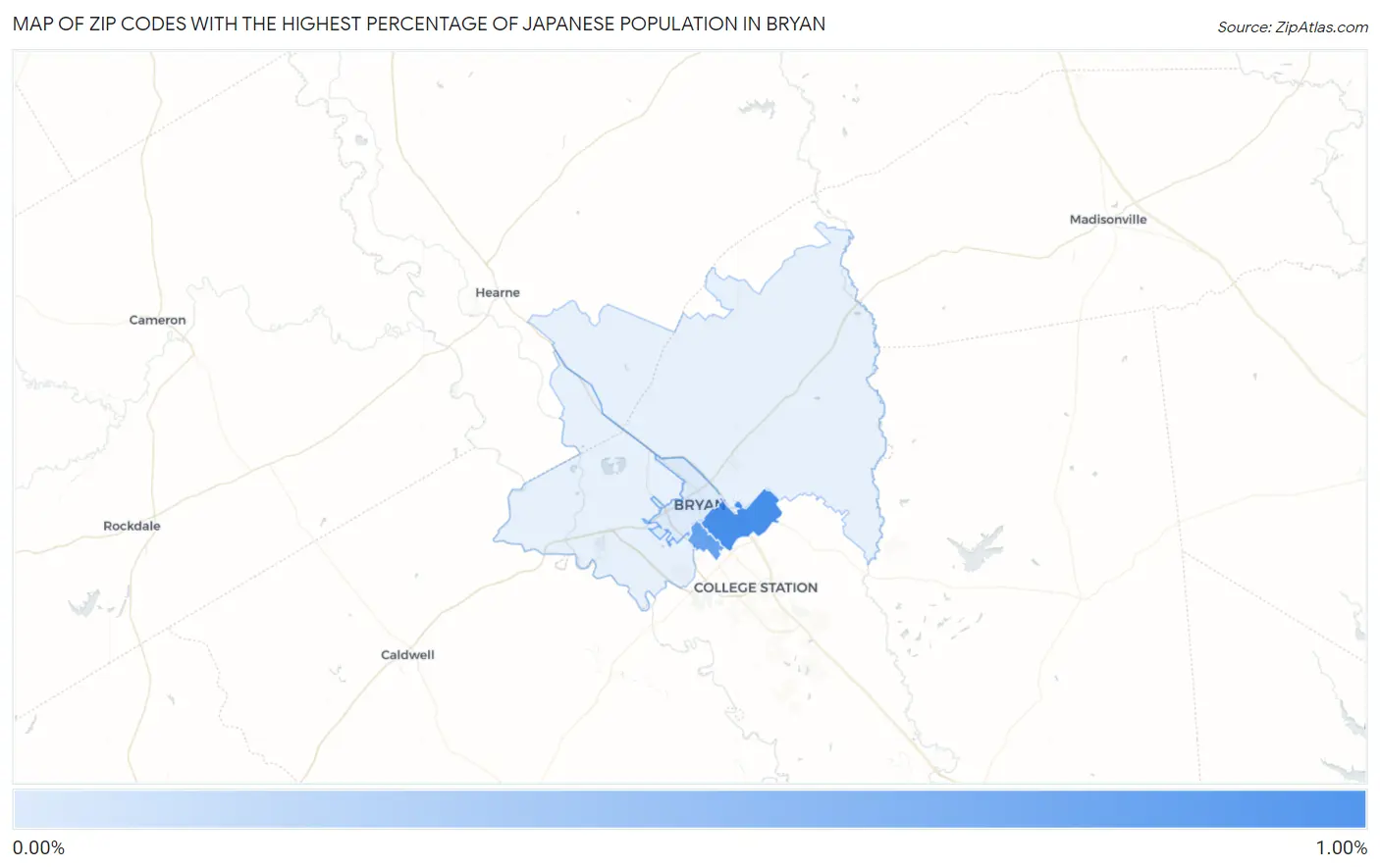 Zip Codes with the Highest Percentage of Japanese Population in Bryan Map