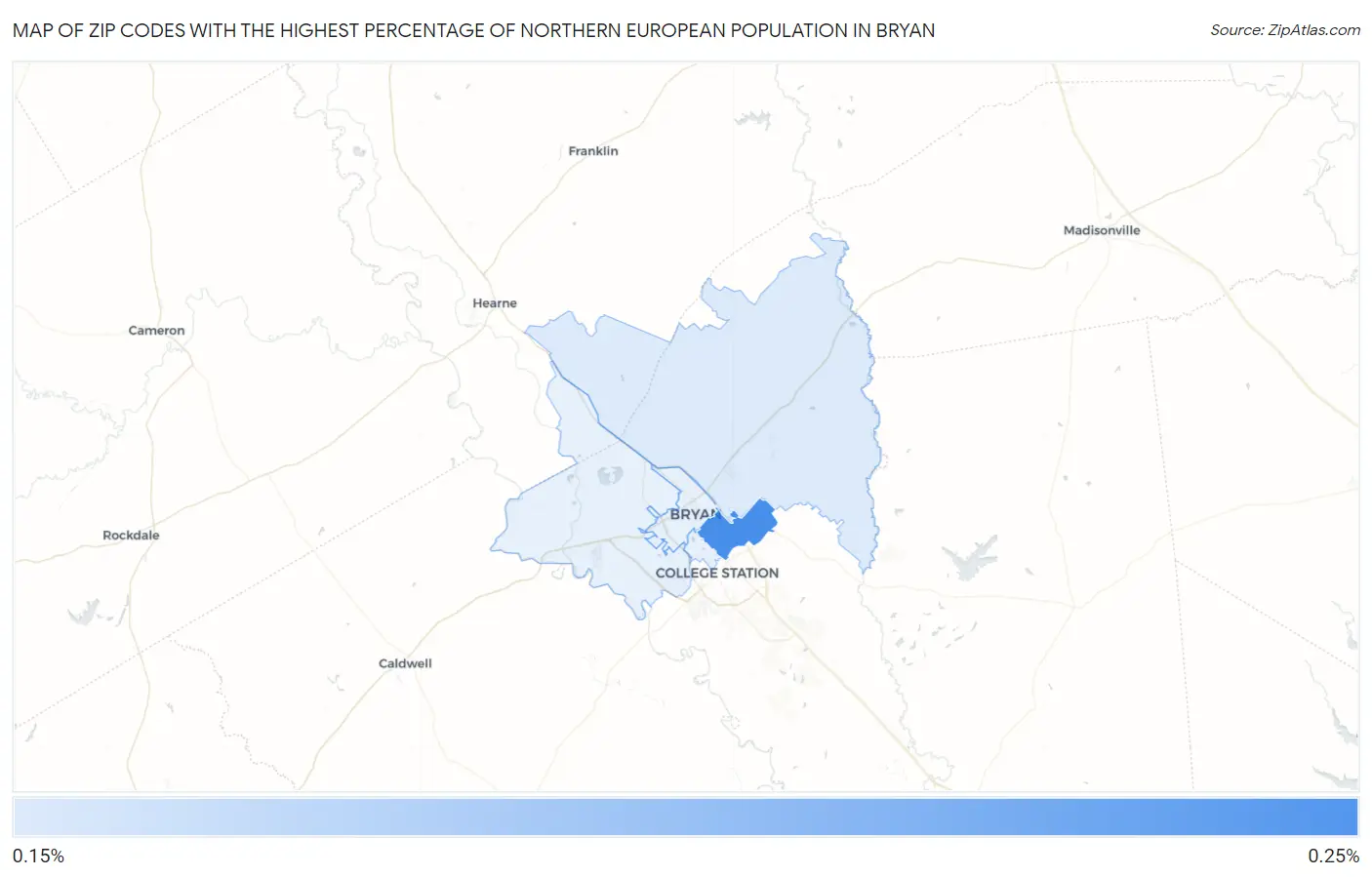 Zip Codes with the Highest Percentage of Northern European Population in Bryan Map