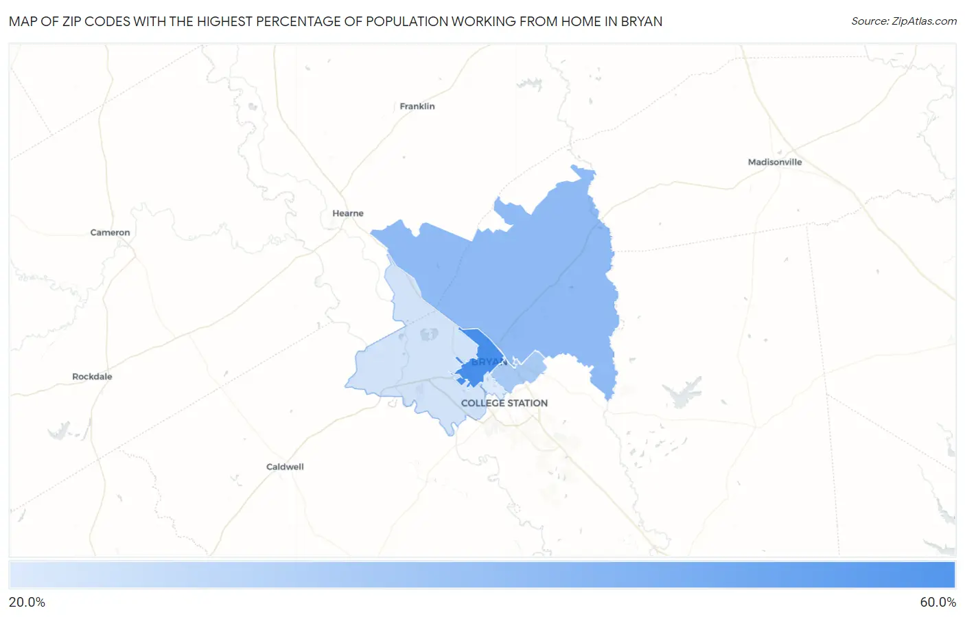 Zip Codes with the Highest Percentage of Population Working from Home in Bryan Map