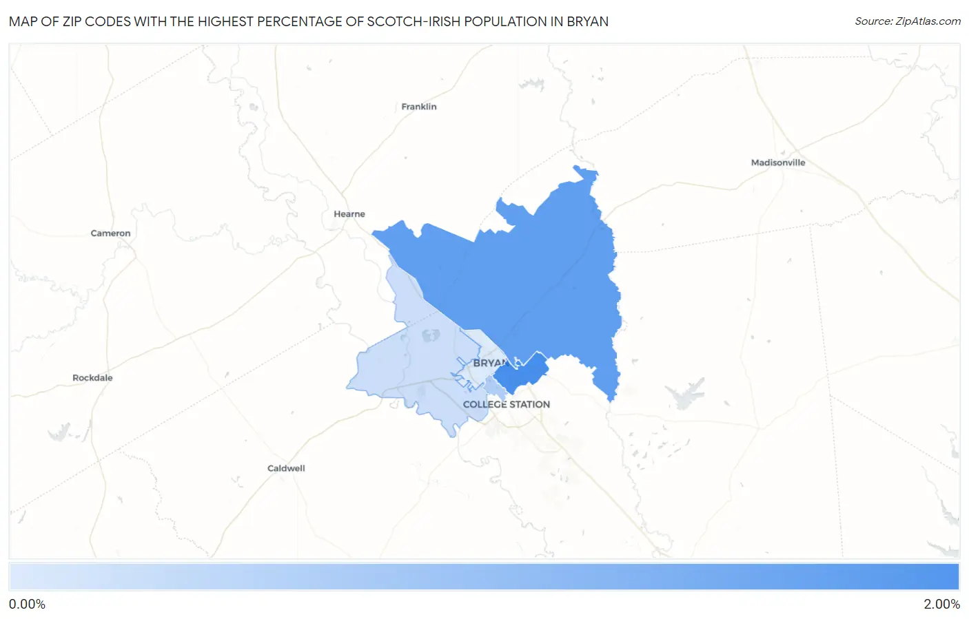 Zip Codes with the Highest Percentage of Scotch-Irish Population in Bryan Map