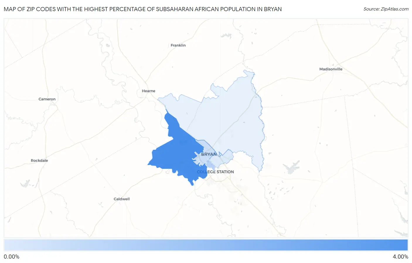 Zip Codes with the Highest Percentage of Subsaharan African Population in Bryan Map