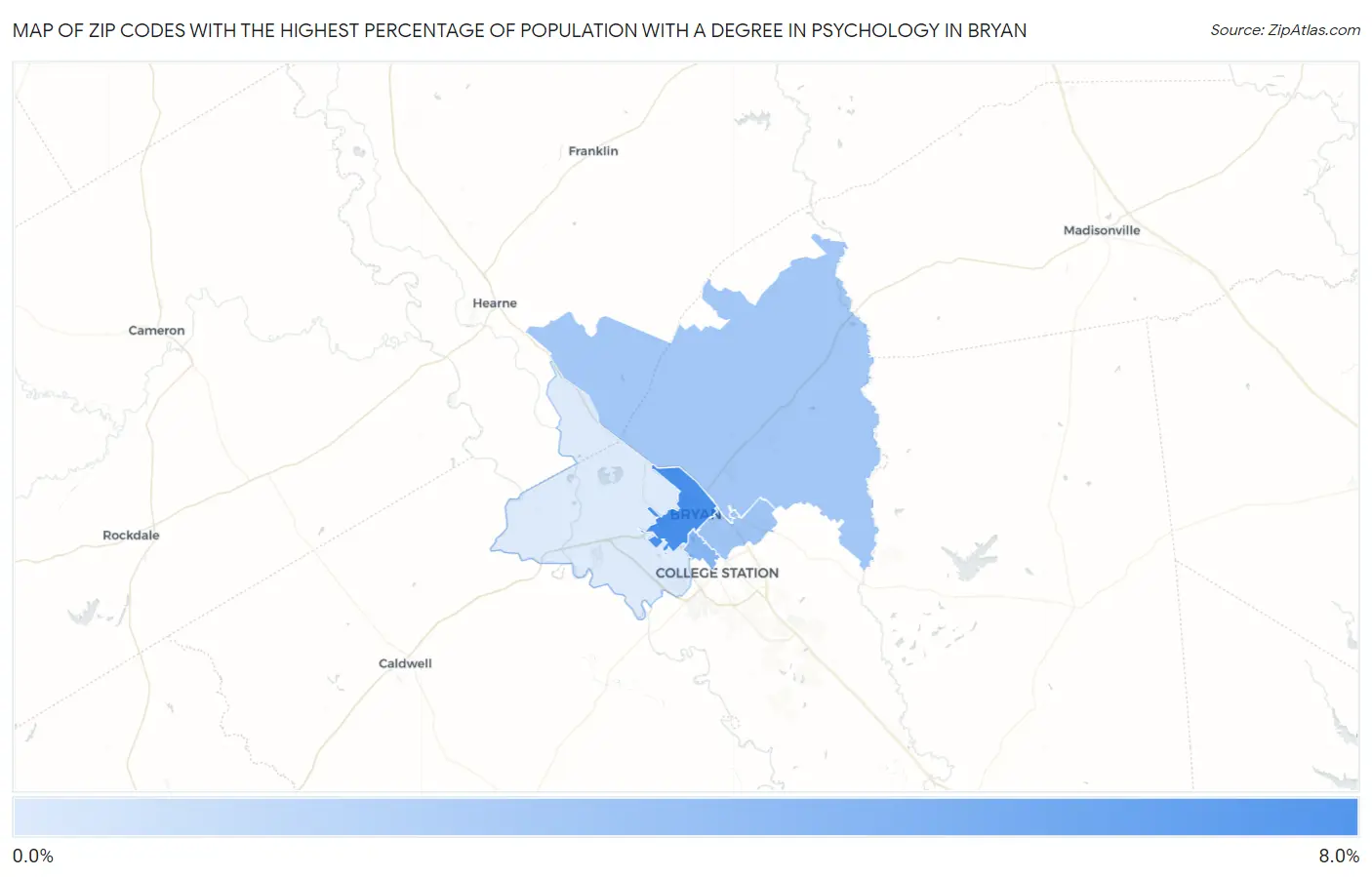 Zip Codes with the Highest Percentage of Population with a Degree in Psychology in Bryan Map