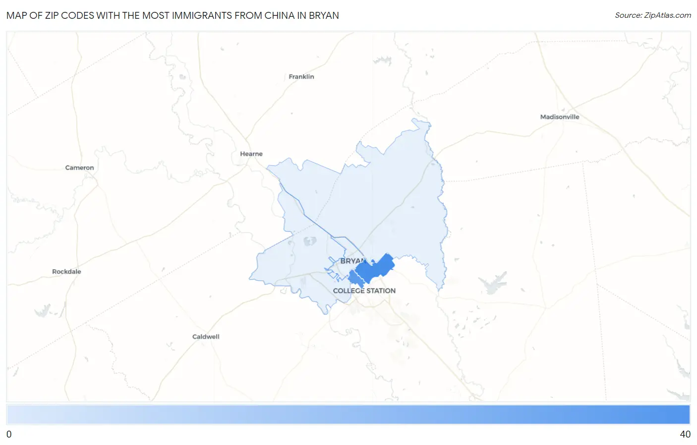 Zip Codes with the Most Immigrants from China in Bryan Map